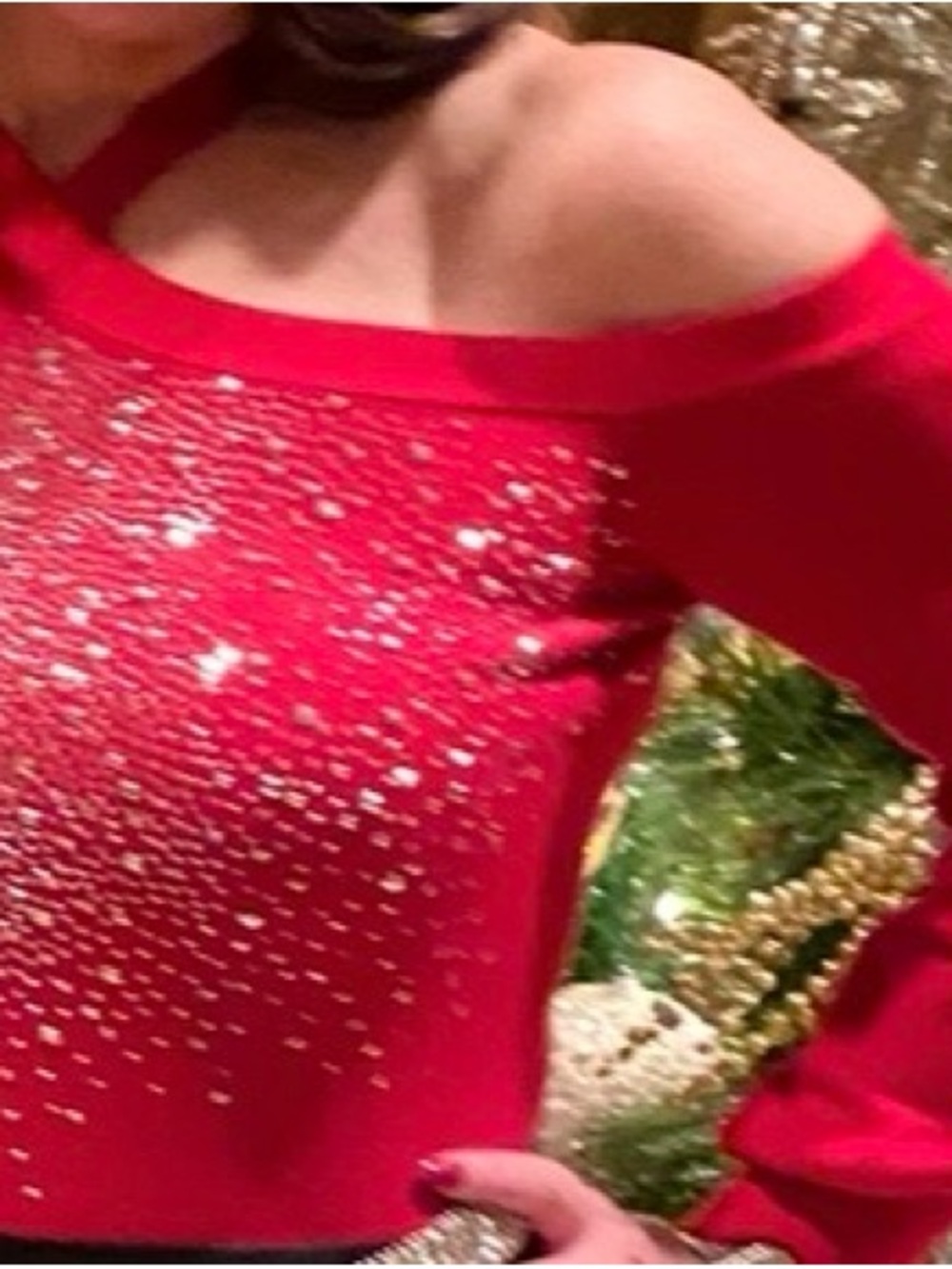 Sparkling Red One-Shoulder Women's Ember sweater. Perfect for a special event!